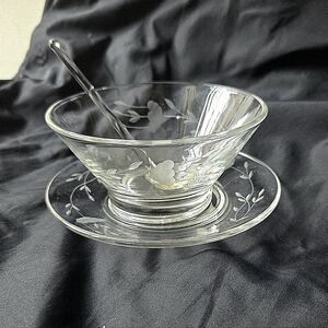 Princess House Clear Etched Glass Dessert Bowl with Saucer and Spoon